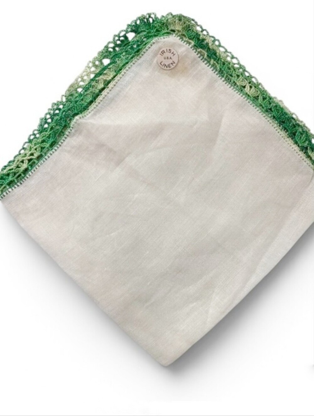 VINTAGE Hankerchief Linen White Green Crocheted Edge Pocketsquare